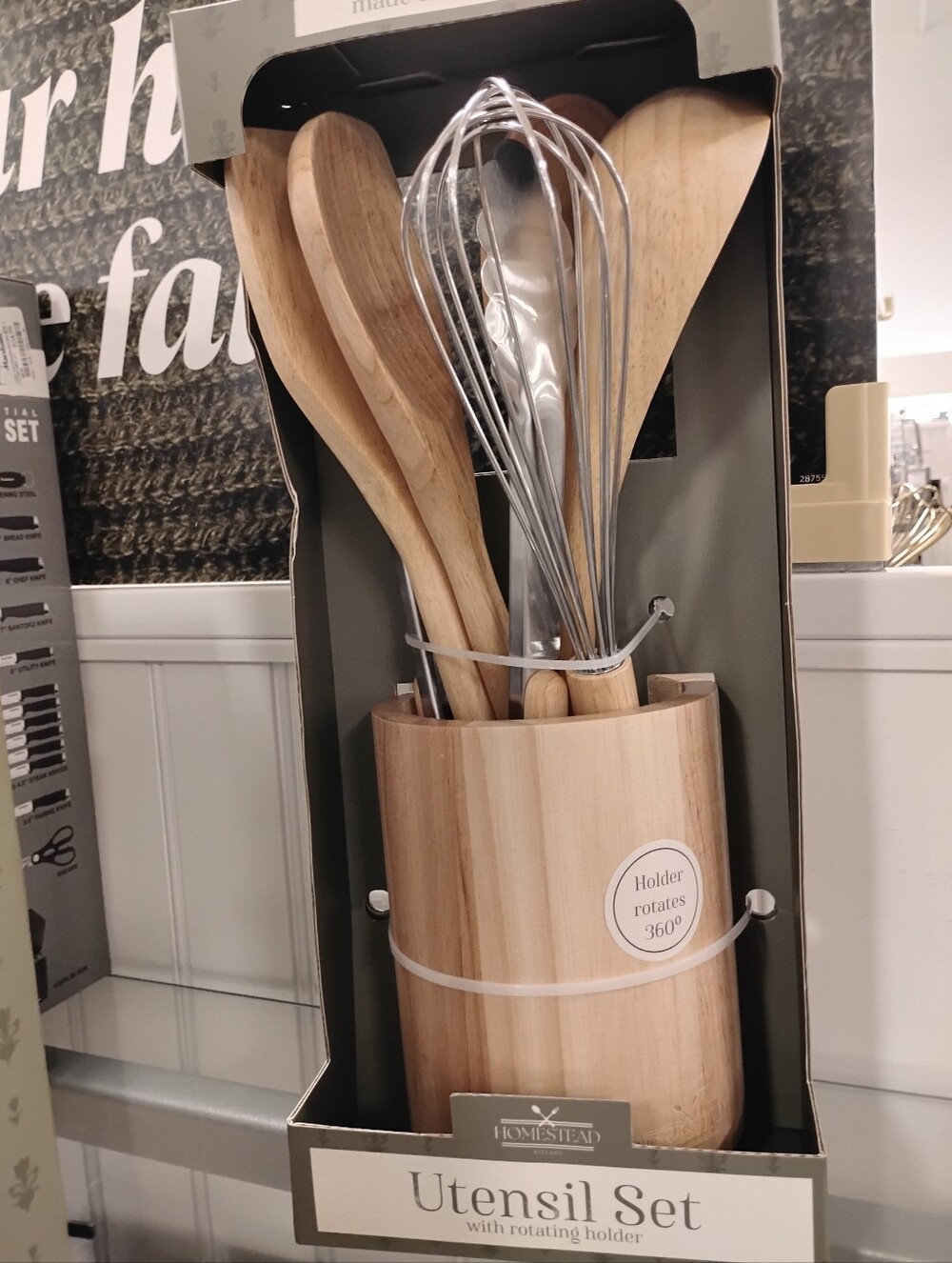New Natural Wood Utensil Set with Rotating Holder - Natural